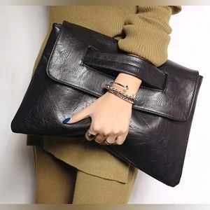 Black Soft Vegan Leather Envelope Messenger/Shoulder/Crossbody Bag/Clutch NEW